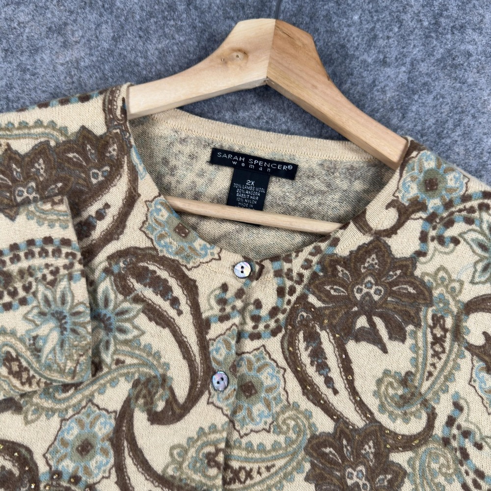 Sarah Spencer Cardigan Sweater Womens‎ 2X Beige Wool Angora Paisley Beaded Knit